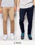Asos 2 Pack Slim Chinos In Navy And Stone - Multi