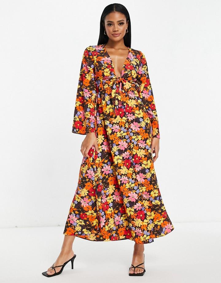 Asos Design Tie Front Midi Dress In Floral Print-multi