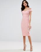 Asos Lace Sweetheart Bardot Midi Bodycon Dress - Pink