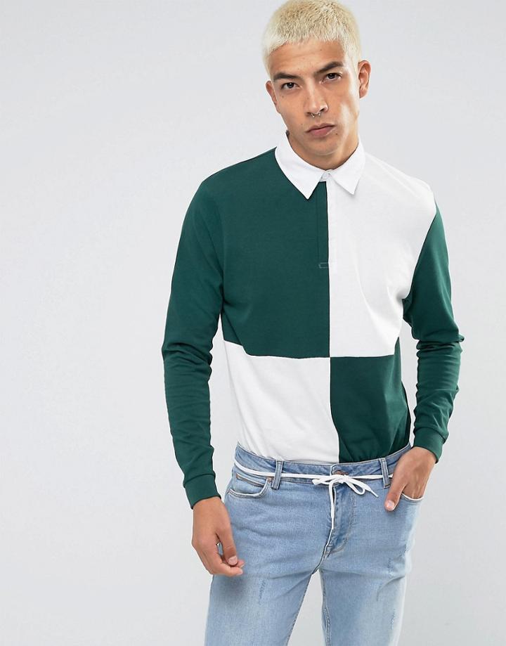 Asos Longline Long Sleeve Rugby Polo Shirt With Color Block Body - Green
