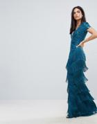 City Goddess Fringed Maxi Dress With Lace Body - Green