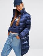 Fila Longline Padded Coat In Silky Fabric - Navy