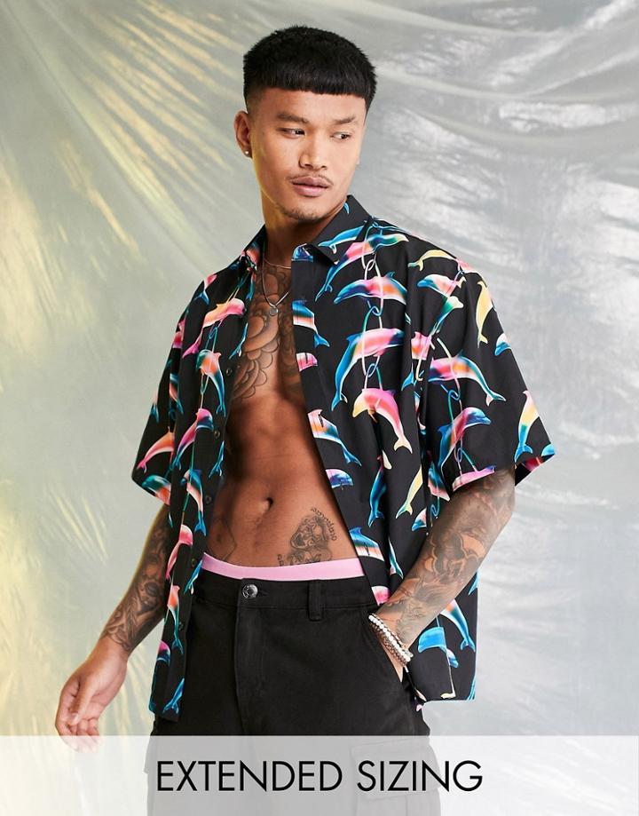 Asos Design Boxy Oversized Shirt With Dolphin Print-black