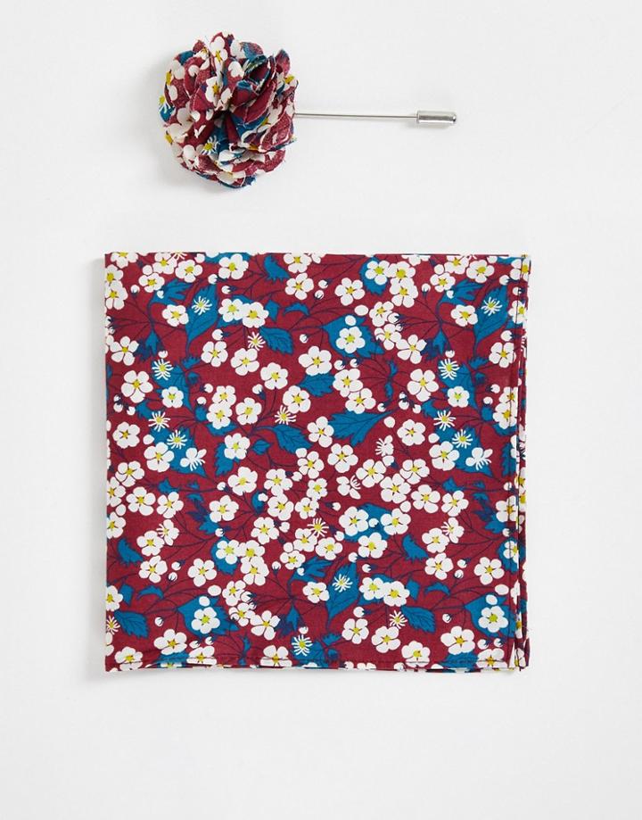 Gianni Feraud Liberty Print Pocket Square And Lapel Pin In Burgundy Floral-red