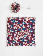 Gianni Feraud Liberty Print Pocket Square And Lapel Pin In Burgundy Floral-red
