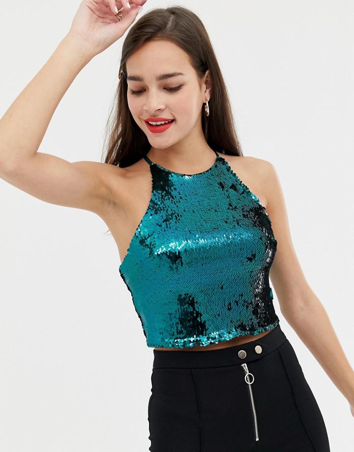 Bershka Sequin Cami Crop Top - Blue