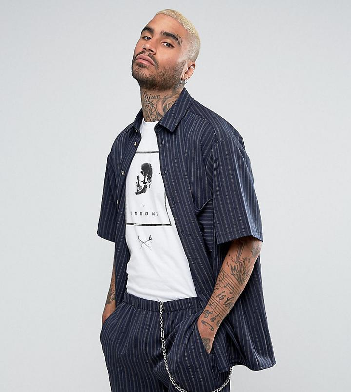 Reclaimed Vintage Inspired Striped Shirt With Short Sleeves In Skater Fit - Navy