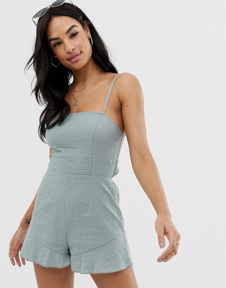 Asos Design Frill Hem Cami Romper In Self Stripe - Green
