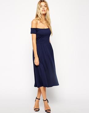 Asos Midi Bardot Skater Dress - Navy