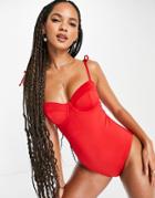 Asos Design Tie Shoulder Underwired Swimsuit In Red