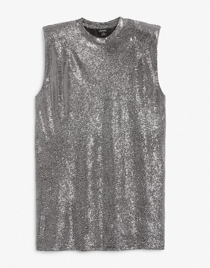 Monki Alvina T-shirt Mini Dress With Shoulder Pads In Glitter-silver