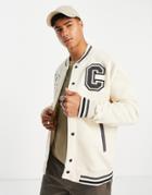 River Island Varsity Bomber Jacket In Ecru-white