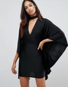 Naanaa Plunge Front Mini Dress With Cape Detail - Black