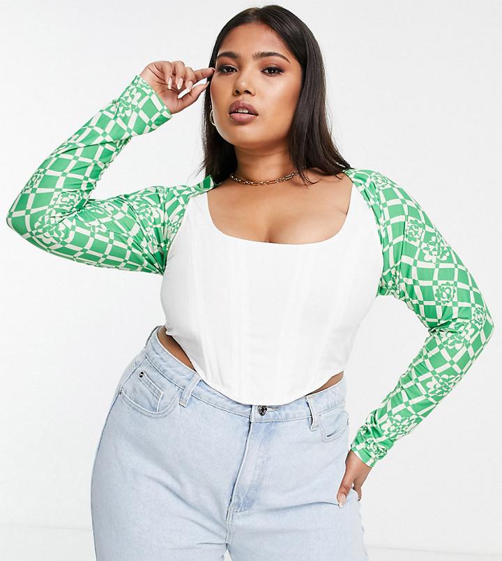 Asos Design Curve Cropped Shrug Top Set In Wavy Check And Flower Print-multi