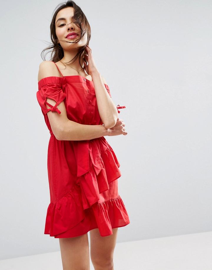 Asos Off Shoulder Ruffle Hem Sundress - Red