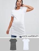 Asos Maternity Crew Neck Tunic With Capped Sleeve In Plain And Stripe 2 Pack - Black