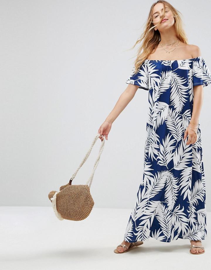 Asos Off Shoulder Maxi Sundress In Navy Palm Print - Multi