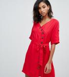 Boohoo Wrap Button Through Mini Dress In Red - Red