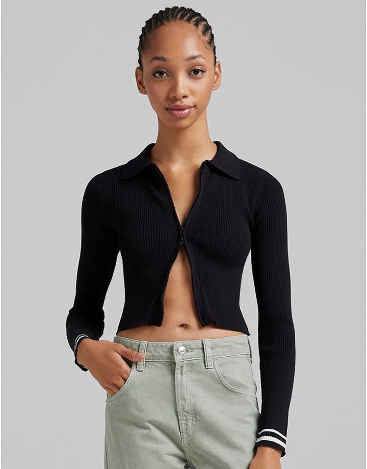 Bershka 2 Way Zip Knitted Polo Sweater In Black