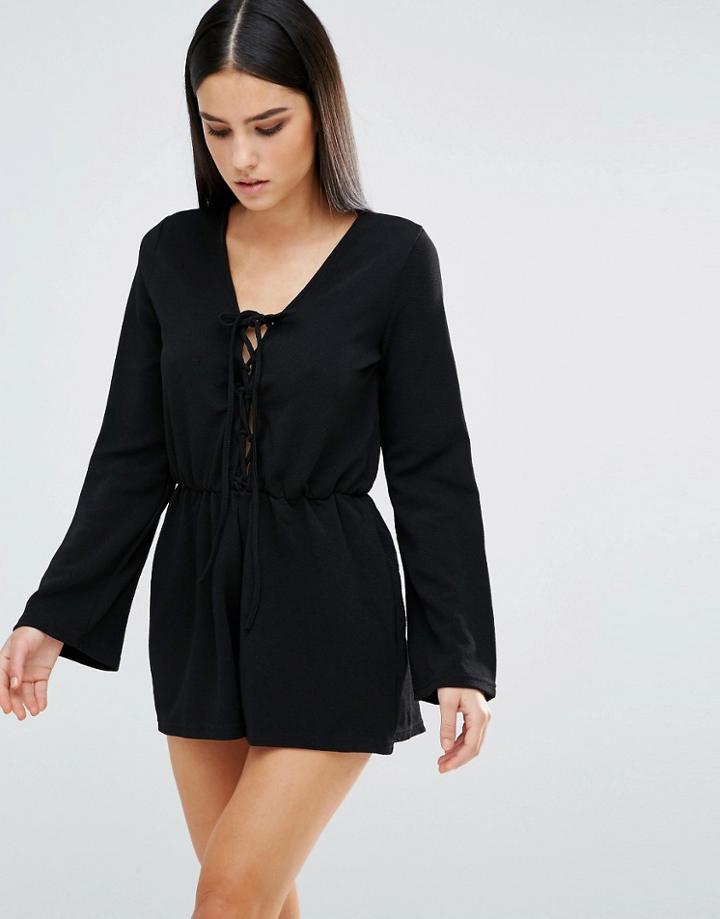 Ax Paris Romper With Lace Up Detail - Black
