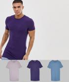 Asos Design Longline Muscle Fit T-shirt With Crew Neck 3 Pack Multipack Saving - Multi