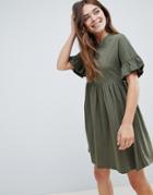 Asos Design Cotton Slubby Frill Sleeve Smock Dress - Green