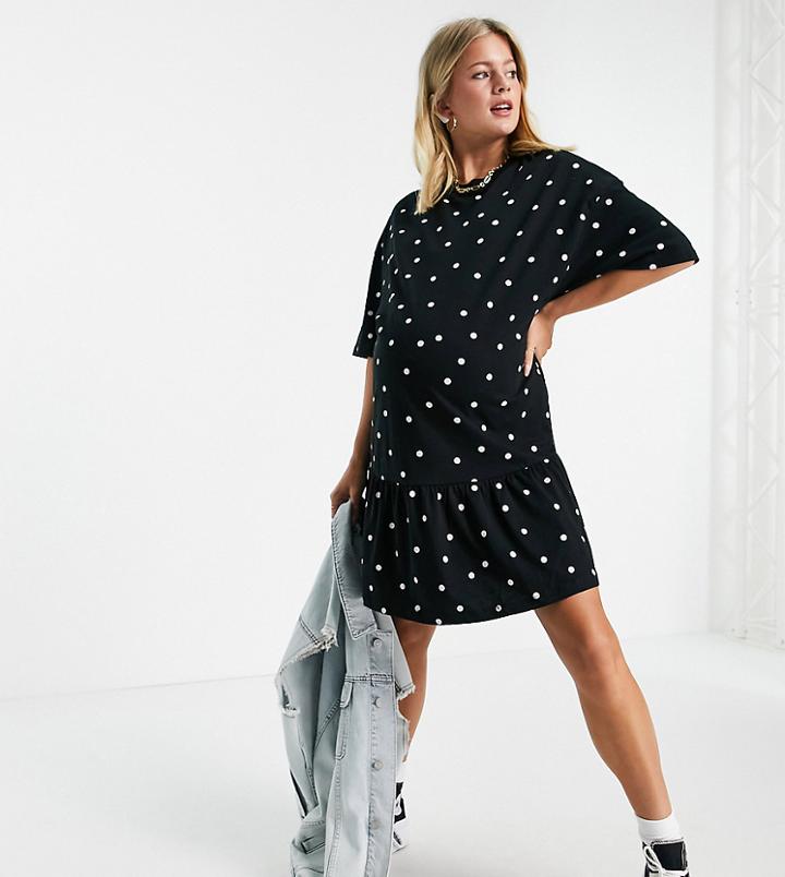 Asos Design Maternity Oversized T-shirt Dress With Ruffle Hem In Mono Dot-black