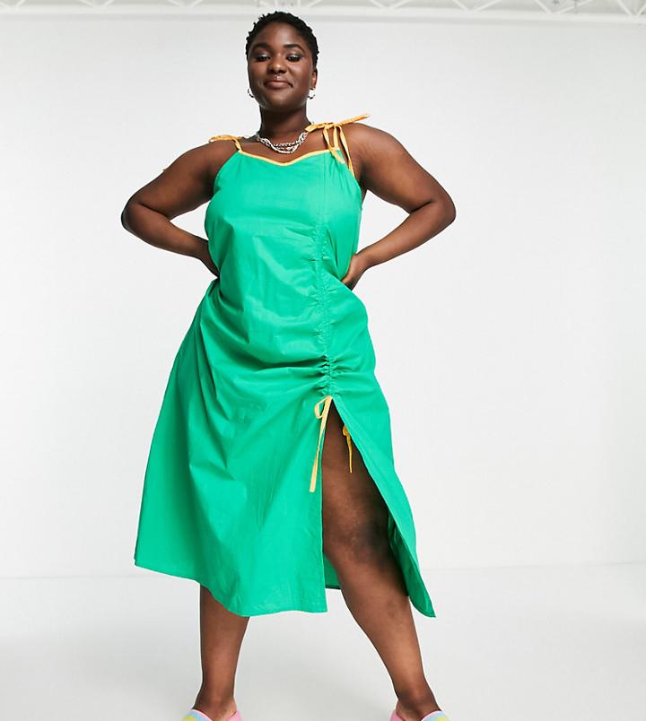 Native Youth Plus Cami Maxi Dress With Ruched Split And Contrast Binding-green