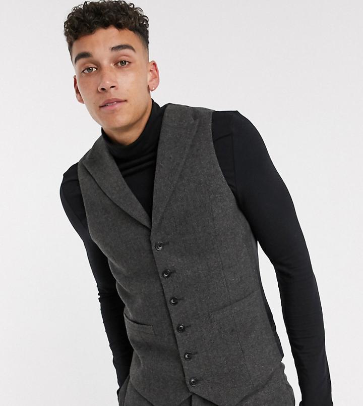 Asos Design Tall Wedding Super Skinny Suit Suit Vest In Wool Mix Herringbone In Charcoal-grey