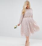 Asos Curve Wedding Lace Long Sleeve Midi Prom Dress - Pink