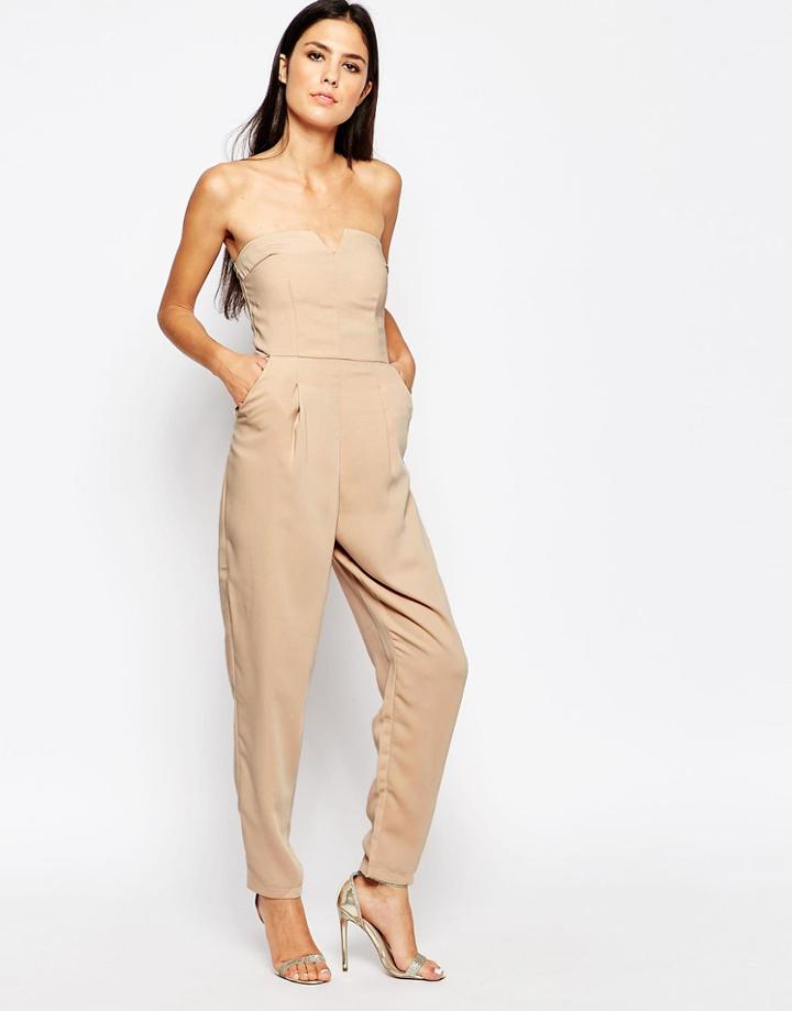 Ax Paris Plunge Front Jumpsuit - Stone