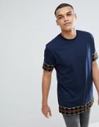 Asos Design Relaxed Longline T-shirt With Geo-tribal Taping In Navy - Navy