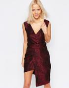 Liquorish Asymetric Dress With Plunge Neck In Jacquard - Red