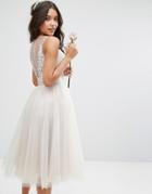 Chi Chi London Embroidered Tulle Midi Dress With Button Back - Gray