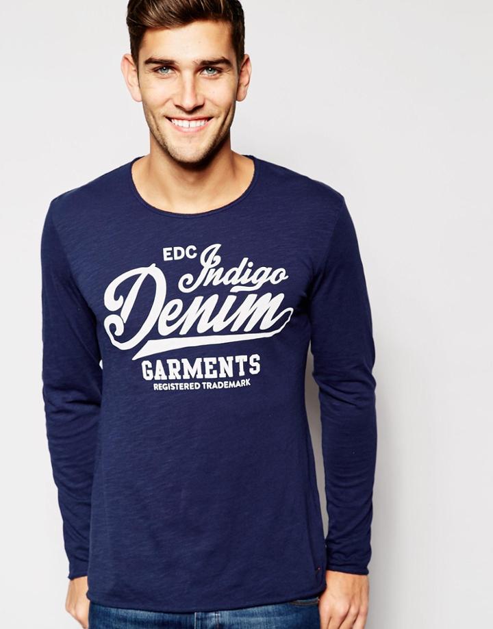 Esprit Long Sleeve T-shirt With Denim Print - Navy