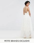 Chi Chi Petite Premium Lace Maxi Dress With Cami Cross Back Strap Detail - Cream