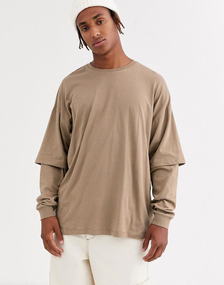 Asos Design Oversized Longline Long Sleeve T-shirt With Double Layer Sleeve In Beige