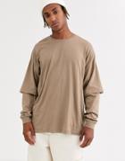 Asos Design Oversized Longline Long Sleeve T-shirt With Double Layer Sleeve In Beige