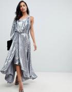 Asos Edition Blouson One Shoulder Midi Dress In Holographic Sequin - Silver