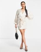 Asos Design Plunge Tie Front Mini Dress In Satin Animal Jacquard In Beige-neutral