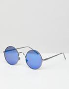 Asos Design Round Sunglasses In Gunmetal With Blue Mirrored Lens - Silver