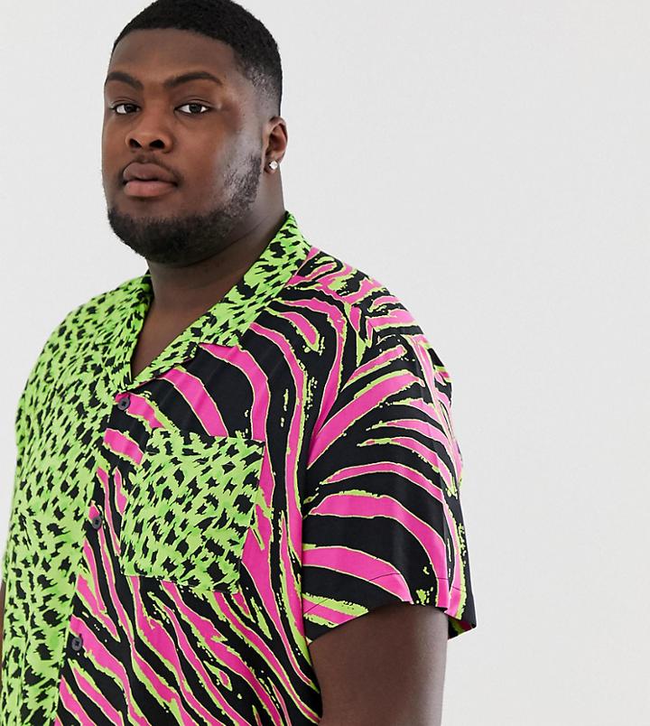 Asos Design Plus Festival Relaxed Fit Shirt In Animal Mix And Match-green