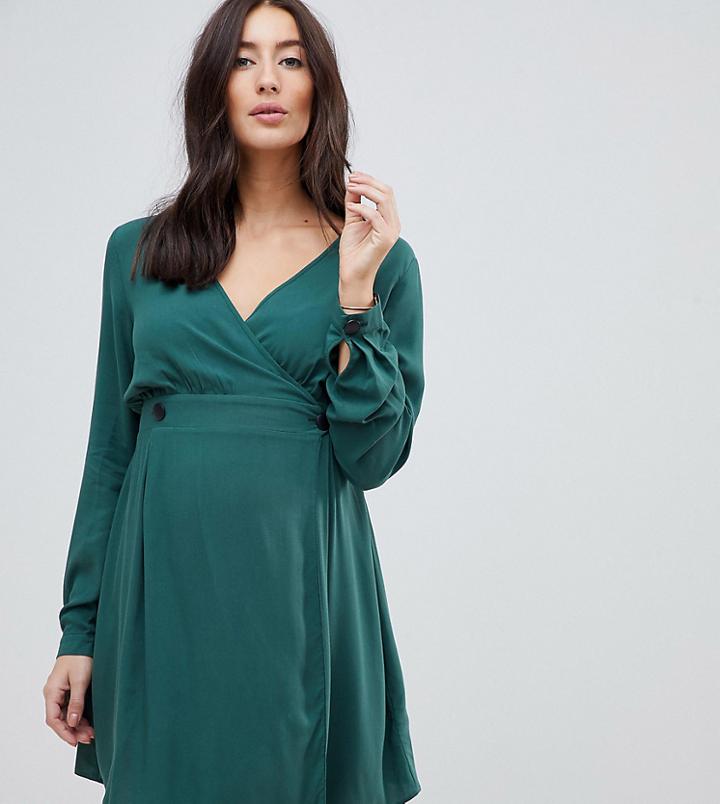 Asos Design Maternity Casual Wrap Mini Dress With Long Sleeves In Forest Green