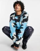Asos Design Knitted Plush Yarn Camo Sweater In Blue-blues