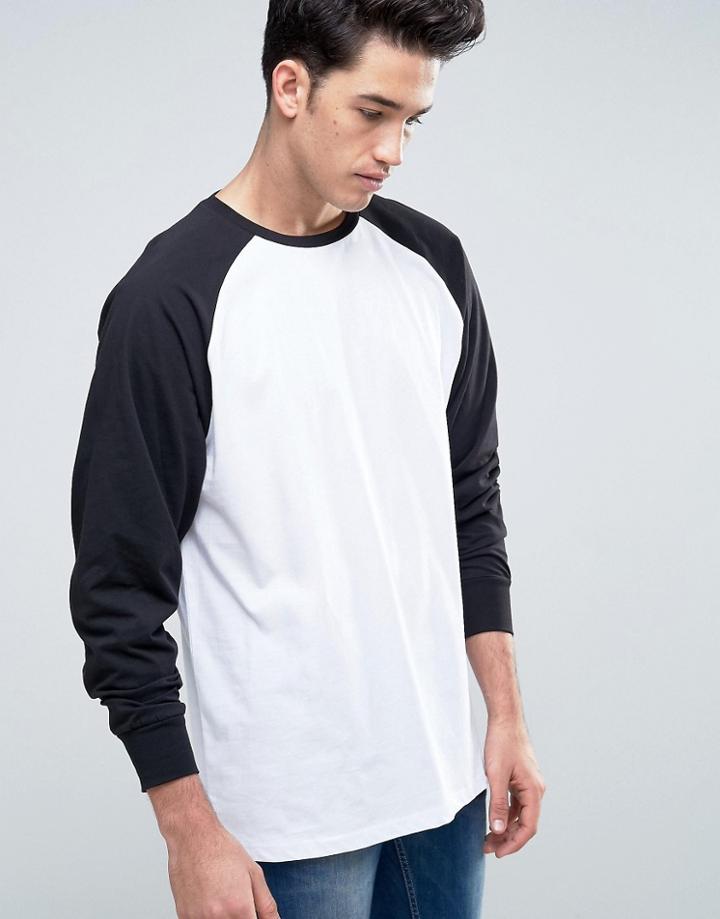 Asos Oversized Longline Long Sleeve Raglan T-shirt With Curved Hem In White/black - Multi