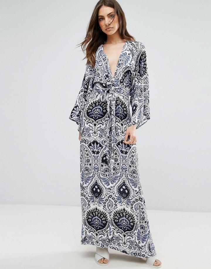 Qed London Paisley Print Kimono Maxi Dress - Navy