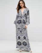 Qed London Paisley Print Kimono Maxi Dress - Navy