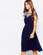 Little Mistress Midi Skater Dress With Cap Sleeves And Embroidery Detail - Navy