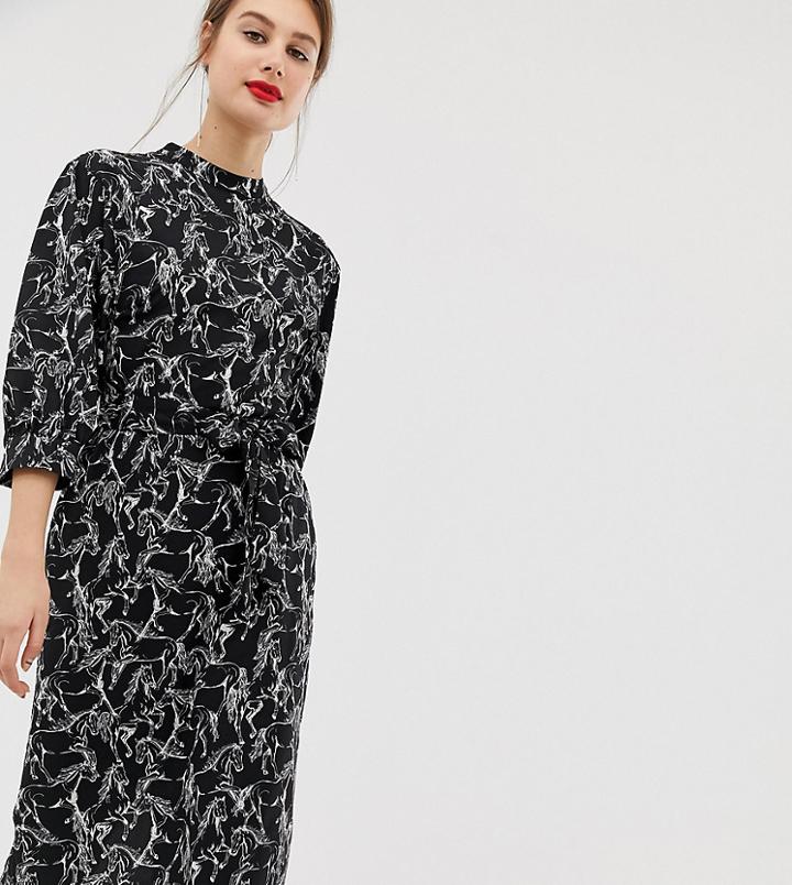 Warehouse Midi Dress With Tie Waist In Horse Print - Black
