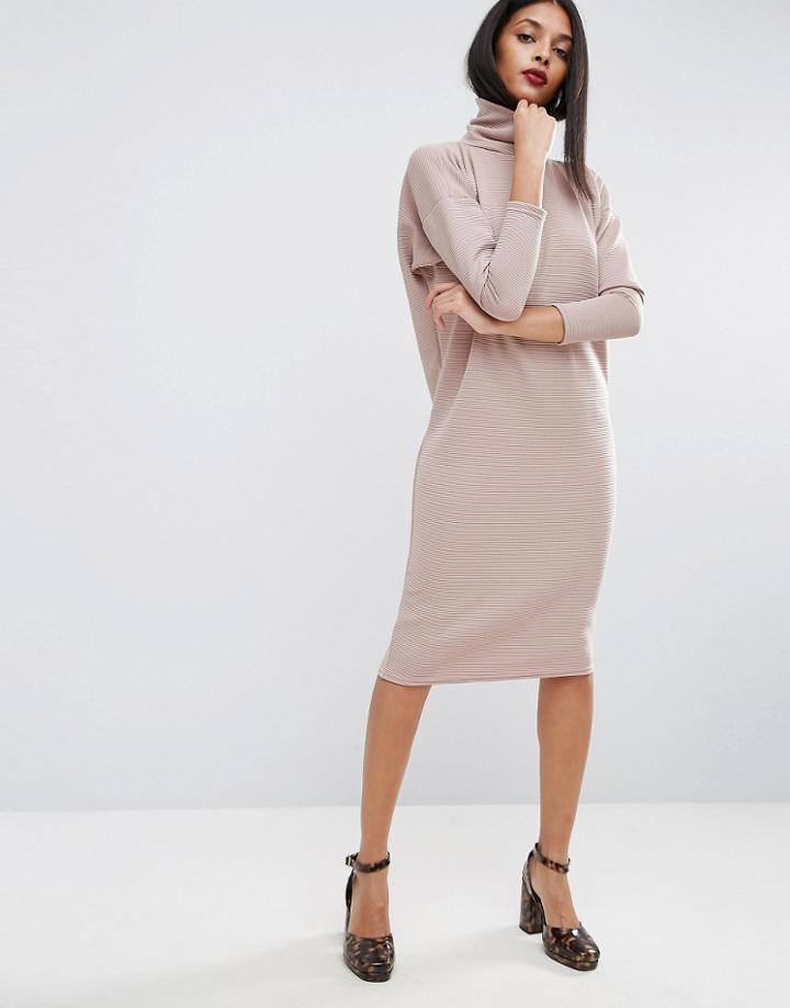 Asos Turtleneck Midi Rib Slouch Dress - Beige